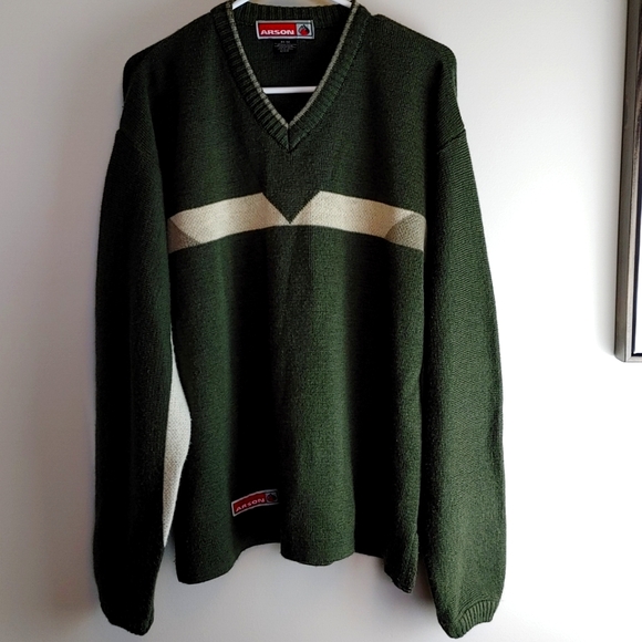Vtg Arson Pullover Sweater Olive Green Men's Sz M V-neck Wool Blend - Picture 1 of 9